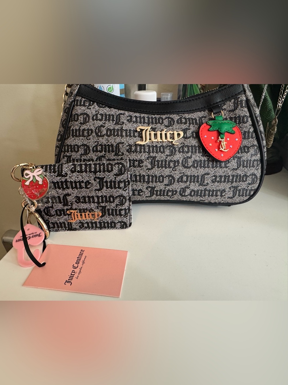 Juicy Couture Black & White Logo Shoulder Bag with Red Strawberry Charm🍓